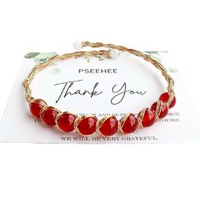Handmade Genuine Red Agate 14k Gold Filled Wire Wrapped Bracelet, Birthstone Chakra Healing Grounding Gemstone Crystal Beads Adjustable Bangle Cuff Jewelry Gift for Women Girls