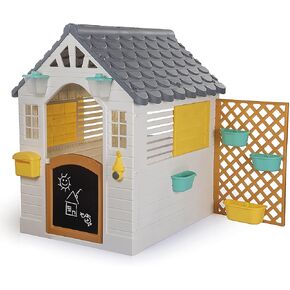 Garden Playhouse with Fence - White-Grey-Yellow - Outdoor-Indoor Toy, Chalkboard Door, Durable Charming Design, Easy Assembly, Kids-Toddlers 2+