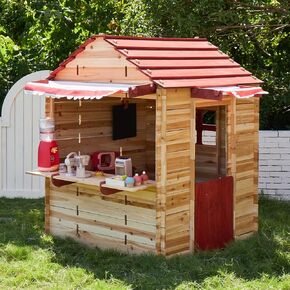 Asweets Kids Wooden Playhouse, No Screws No Tools, Criss-Cross Wooden Playhouse, Outdoor and Indoor Pretend Play Games for Toddlers 3+ Years Old, with Flowers Pot Holder, Red Double Slope