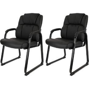 CLATINA Classic Leather Soft Reception Chair with Padded Armrests and Sled Base, Executive Guest Chair for Office Computer Desk Conference Waiting Meeting Room, Black (2 Pack)
