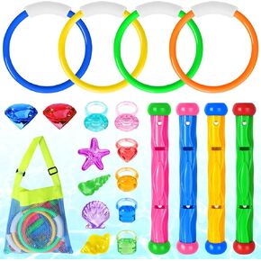 20 Pcs Pool Diving Swimming Toys for Kids Diving Rings Sticks Gems Underwater Training Sinking Toys with Storage Bag for Summer Water Games Party Favors