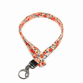 Coral Floral Lanyard for ID or Keys Fabric with Clip