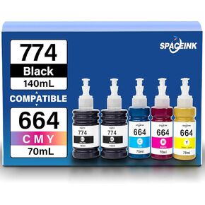 Spaceink 774 664 Ink Refill Bottles for ET-2650 ET-2550 ET-16500 ET-4500 ET-4550 ET-2500 ET-2600 ET-3600 ET-14000 Printers (2 Black Cyan Magenta Yellow 5 Pack)