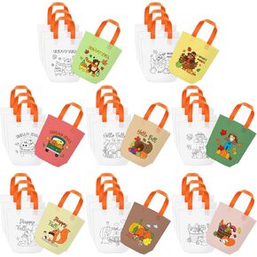 JAPBOR Fall Coloring Goodie Bags - 24PCS Autumn Colouring Gift Bag Bulk for Kids, Color Your Own Thanksgiving Painting DIY Craft Tote, Reusable Non Woven Birthday Classroom School Art Party Favors