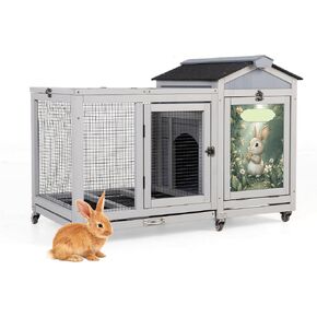 COZIWOW 39inches Assembled Wood Rabbit Hutch Indoor，Wide Space Small Animal Houses with Removable Tray&Safety Lock，Bunny Cage with Waterproof Roof&Solar Panels (Grey with Pattern)