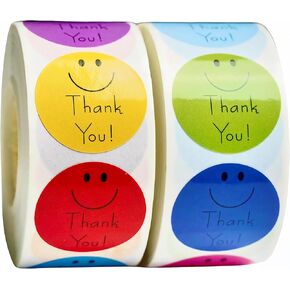 1000 Thank You Stickers – 1 Inch, 500 Smiley Labels per Roll, 2-Pack – Colorful Round Adhesive Stickers for Packaging, Small Business, Envelopes, Bags, Gifts
