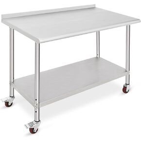 TrailBlaze Stainless Steel Work Table, 48''x24''x35'' in Metal Trolley Food Prep Table for Kitchen, NSF Commercial Heavy Duty Metal Workstation with Backsplash & Casters, for Restaurant, Home