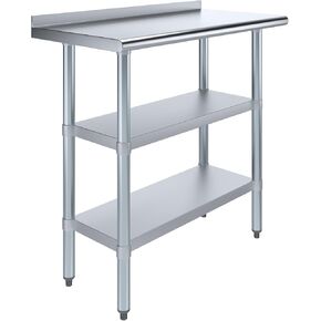 AmGood Stainless Steel Work Table with 1.5" Backsplash and 2 Shelves | Metal Kitchen Food Prep Table | NSF (36" Long x 18" Deep)