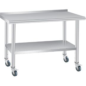 Stainless Steel Table with Wheels 36x24 Inch, Heavy Duty Commercial Metal Table for Prep & Work with Backsplash & Adjustable Shelf, for Kitchen, Restaurant, Business
