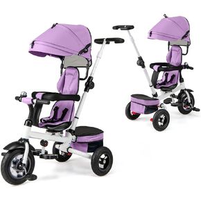Costzon 5-in-1 أطفال قابلة للطي على دراجة ثلاثية الأبعاد مع مقبض الدفع القابل للتعديل والمظلة ، ومقعد قابل للانعكاس وتسخير السلامة ، وادفع Trike مع التخزين لطفل صغير عمره 1-5 سنوات ، والأزرق/الرمادي/الوردي