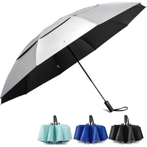 62 Inch Large Travel Umbrellas for Rain Windproof, 10 Ribs Compact Reverse Folding Golf Umbrella, Double Canopy Automatic Open Close in Kuwait