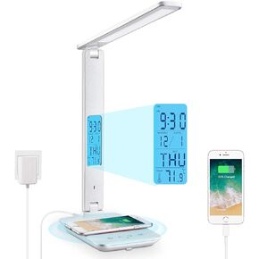 LAOPAO Desk Lamp with Wireless Charger: USB Charging Port, Table Lamp with Clock, Desk Lamps for Home Office College Dorm Room Essentials