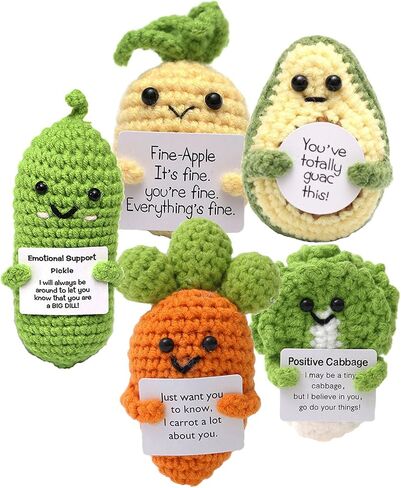 Encouragement Support Vegetables and Fruits Knitted Dolls with Positive Card- 5PCS Handmade Emotional Gift Creative Cute Crochet Doll Cheer Up Gift for Friends, Parties Room Decoration in Saudi Arabia