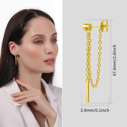 ToHeart Chain Earrings Double Piercing Double Earrings 14k Gold Stud Earrings Hypoallergenic Double Piercing Earrings Lightweight, Silver, No Gemstone in Kuwait