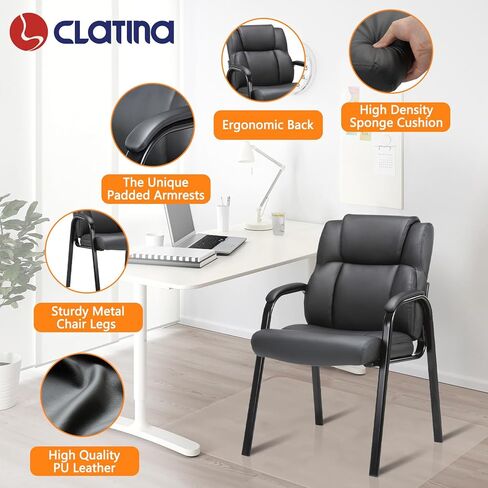 CLATINA Office Guest Chair Leather Reception Chair with Bonded Padded Arm Rest and Sled Base Desk Chair No Wheels for Reception Conference Waiting Room Side Office Home Set of 2 Black in Saudi Arabia