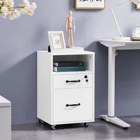 Topeakmart Rolling Vertical Filing Cabinet with 2 Drawer and 1 Open Compartments, File Storage Cabinet with Lock, Printer Stand for Home and Office Black/Rustic Brown in Saudi Arabia