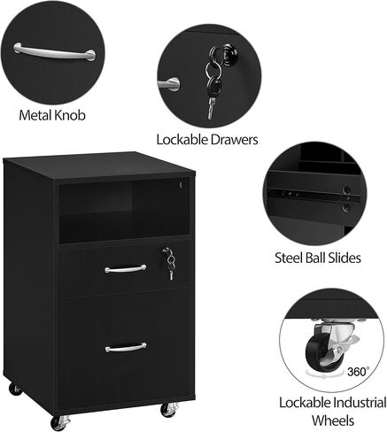 Topeakmart Rolling Vertical Filing Cabinet with 2 Drawer and 1 Open Compartments, File Storage Cabinet with Lock, Printer Stand for Home and Office Black/Rustic Brown in Kuwait