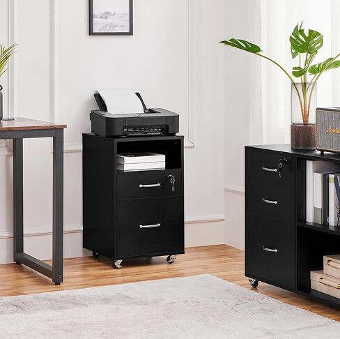 Topeakmart Rolling Vertical Filing Cabinet with 2 Drawer and 1 Open Compartments, File Storage Cabinet with Lock, Printer Stand for Home and Office Black/Rustic Brown in Kuwait