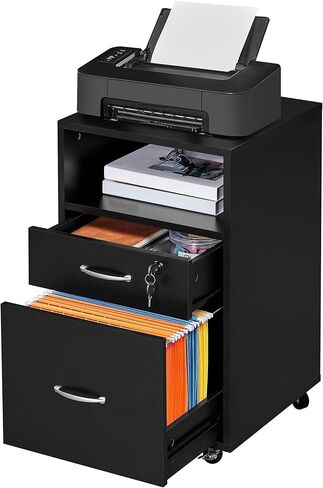 Topeakmart Rolling Vertical Filing Cabinet with 2 Drawer and 1 Open Compartments, File Storage Cabinet with Lock, Printer Stand for Home and Office Black/Rustic Brown in Kuwait