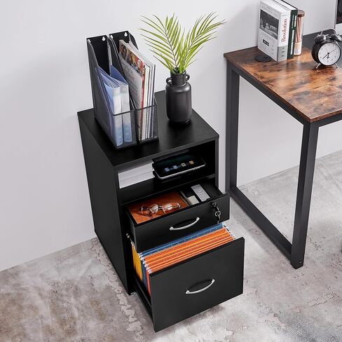 Topeakmart Rolling Vertical Filing Cabinet with 2 Drawer and 1 Open Compartments, File Storage Cabinet with Lock, Printer Stand for Home and Office Black/Rustic Brown in Kuwait