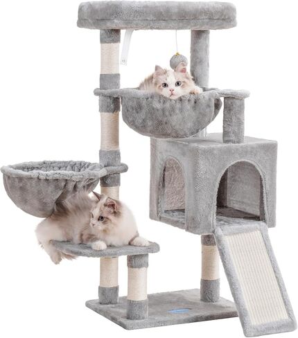 Hey-Brother Cat Tree ، برج القط للقطط الداخلية ، منزل القط مع سرير كبير مبطن ، شقة مريحة ، أرجوحة ، وظائف خدش سيسال ، خدش كبير ، رمادي رمادي فاتح mpj00sw in Kuwait