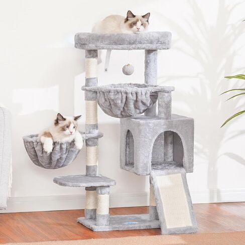 Hey-Brother Cat Tree ، برج القط للقطط الداخلية ، منزل القط مع سرير كبير مبطن ، شقة مريحة ، أرجوحة ، وظائف خدش سيسال ، خدش كبير ، رمادي رمادي فاتح mpj00sw in Kuwait