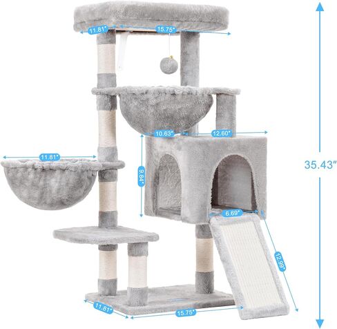 Hey-Brother Cat Tree ، برج القط للقطط الداخلية ، منزل القط مع سرير كبير مبطن ، شقة مريحة ، أرجوحة ، وظائف خدش سيسال ، خدش كبير ، رمادي رمادي فاتح mpj00sw in Kuwait