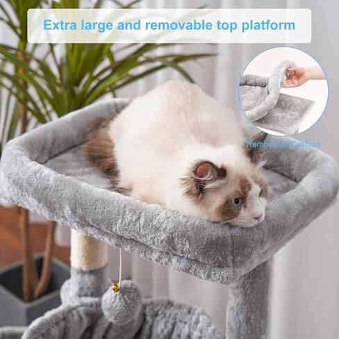 Hey-Brother Cat Tree ، برج القط للقطط الداخلية ، منزل القط مع سرير كبير مبطن ، شقة مريحة ، أرجوحة ، وظائف خدش سيسال ، خدش كبير ، رمادي رمادي فاتح mpj00sw in Kuwait