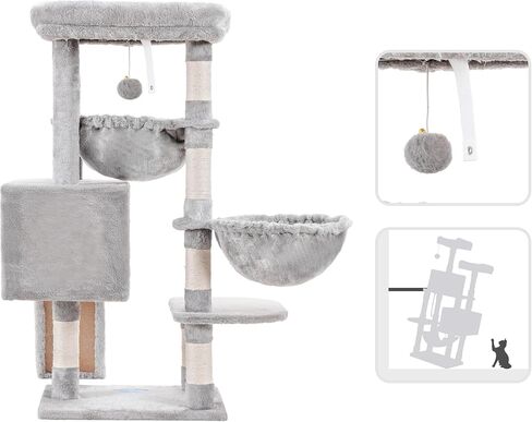 Hey-Brother Cat Tree ، برج القط للقطط الداخلية ، منزل القط مع سرير كبير مبطن ، شقة مريحة ، أرجوحة ، وظائف خدش سيسال ، خدش كبير ، رمادي رمادي فاتح mpj00sw in Kuwait
