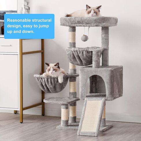 Hey-Brother Cat Tree ، برج القط للقطط الداخلية ، منزل القط مع سرير كبير مبطن ، شقة مريحة ، أرجوحة ، وظائف خدش سيسال ، خدش كبير ، رمادي رمادي فاتح mpj00sw in Kuwait