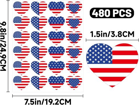 Patriotic Stickers American Flag Stickers - 480Pcs 1.5 Inch Self-Adhesive Heart 4th of July Sticker USA Flag Sticker for Envelopes Seals, 4th of July Memorial Day Party Decorations (Heart) in Saudi Arabia