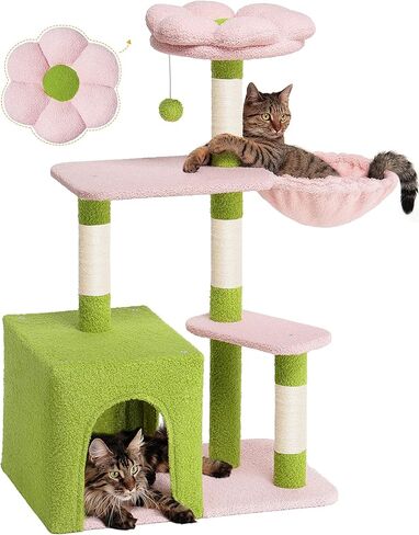 41.2 '' Flower Cat Tree مع 3 وظائف خدش ، برج قط صغير لطيف لقطات الفتاة الداخلية ، سرير كهف كهف كهف مريح لحيوانات الأليف هريرة ، أخضر in Kuwait