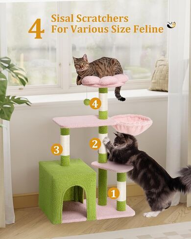 41.2 '' Flower Cat Tree مع 3 وظائف خدش ، برج قط صغير لطيف لقطات الفتاة الداخلية ، سرير كهف كهف كهف مريح لحيوانات الأليف هريرة ، أخضر in Kuwait