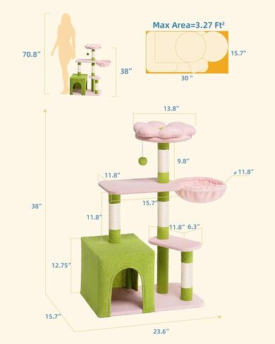 41.2 '' Flower Cat Tree مع 3 وظائف خدش ، برج قط صغير لطيف لقطات الفتاة الداخلية ، سرير كهف كهف كهف مريح لحيوانات الأليف هريرة ، أخضر in Kuwait