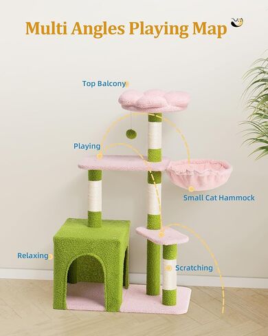 41.2 '' Flower Cat Tree مع 3 وظائف خدش ، برج قط صغير لطيف لقطات الفتاة الداخلية ، سرير كهف كهف كهف مريح لحيوانات الأليف هريرة ، أخضر in Kuwait