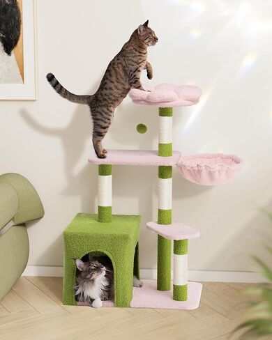 41.2 '' Flower Cat Tree مع 3 وظائف خدش ، برج قط صغير لطيف لقطات الفتاة الداخلية ، سرير كهف كهف كهف مريح لحيوانات الأليف هريرة ، أخضر in Kuwait
