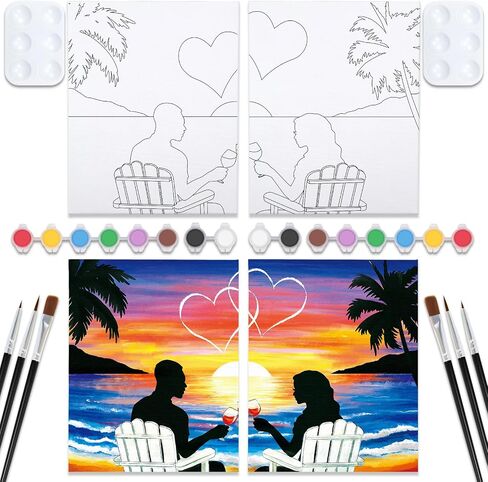 VOCHIC Sip and Paint Kit,Pre Drawn Canvas Couples Paint Party Kit Painting Art Set for Adults Date Night Sunset Heart 2 Pack (8 x 10 Inches) in Saudi Arabia