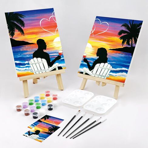 VOCHIC Sip and Paint Kit,Pre Drawn Canvas Couples Paint Party Kit Painting Art Set for Adults Date Night Sunset Heart 2 Pack (8 x 10 Inches) in Saudi Arabia