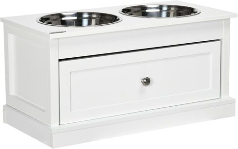 PawHut Large Elevated Dog Bowls with Storage Drawer - 11L Capacity, Raised Dog Bowl Stand Feeding Station, White in Saudi Arabia