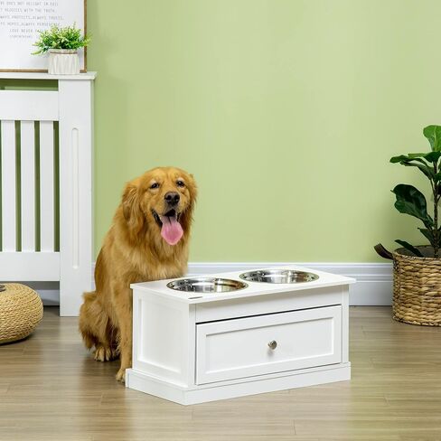 PawHut Large Elevated Dog Bowls with Storage Drawer - 11L Capacity, Raised Dog Bowl Stand Feeding Station, White in Saudi Arabia