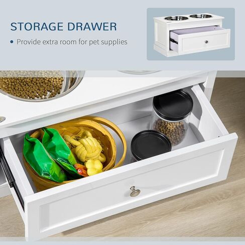 PawHut Large Elevated Dog Bowls with Storage Drawer - 11L Capacity, Raised Dog Bowl Stand Feeding Station, White in Saudi Arabia