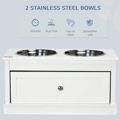 PawHut Large Elevated Dog Bowls with Storage Drawer - 11L Capacity, Raised Dog Bowl Stand Feeding Station, White in Saudi Arabia