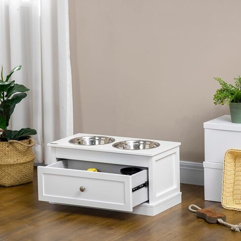 PawHut Large Elevated Dog Bowls with Storage Drawer - 11L Capacity, Raised Dog Bowl Stand Feeding Station, White in Saudi Arabia
