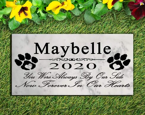Dog Pet Memorial Gift Stone Solid Marble Personalized Pet Plaque Garden Marker Indoor or Outdoor Grave Headstone 12" x 6" (Paw Prints On Our Hearts) in Kuwait