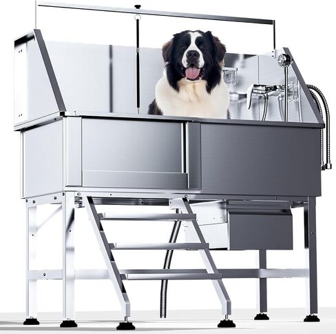 46" Dog Washing Station，Professional Stainless Steel Dog Bathing Station,Dog Grooming Tub with Storage Drawer,Floor Grate，Dog Bathtub for Large,Medium,Small Pets (46 Left Ramp) in Kuwait