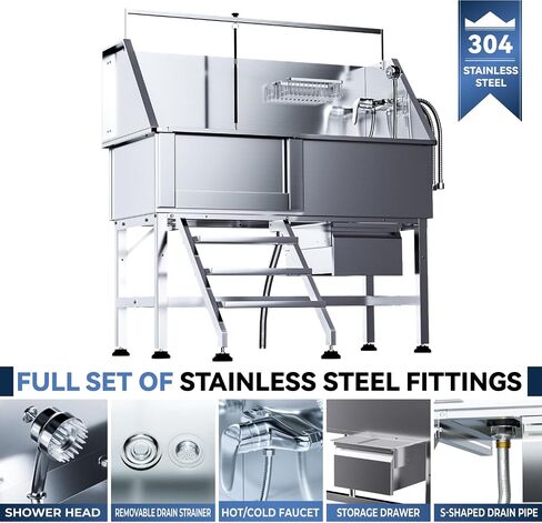46" Dog Washing Station，Professional Stainless Steel Dog Bathing Station,Dog Grooming Tub with Storage Drawer,Floor Grate，Dog Bathtub for Large,Medium,Small Pets (46 Left Ramp) in Kuwait