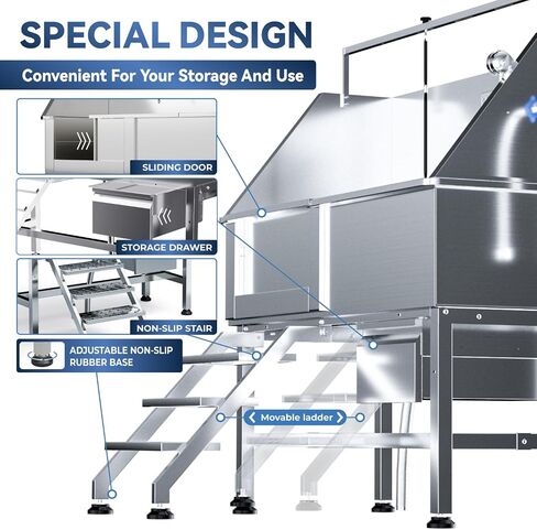 46" Dog Washing Station，Professional Stainless Steel Dog Bathing Station,Dog Grooming Tub with Storage Drawer,Floor Grate，Dog Bathtub for Large,Medium,Small Pets (46 Left Ramp) in Kuwait