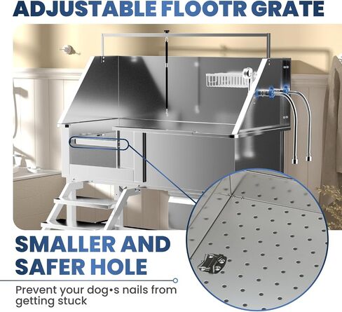 46" Dog Washing Station，Professional Stainless Steel Dog Bathing Station,Dog Grooming Tub with Storage Drawer,Floor Grate，Dog Bathtub for Large,Medium,Small Pets (46 Left Ramp) in Kuwait