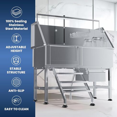 46" Dog Washing Station，Professional Stainless Steel Dog Bathing Station,Dog Grooming Tub with Storage Drawer,Floor Grate，Dog Bathtub for Large,Medium,Small Pets (46 Left Ramp) in Kuwait
