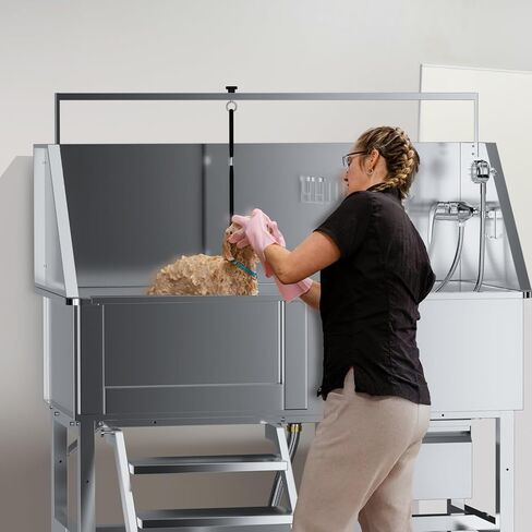 46" Dog Washing Station，Professional Stainless Steel Dog Bathing Station,Dog Grooming Tub with Storage Drawer,Floor Grate，Dog Bathtub for Large,Medium,Small Pets (46 Left Ramp) in Kuwait